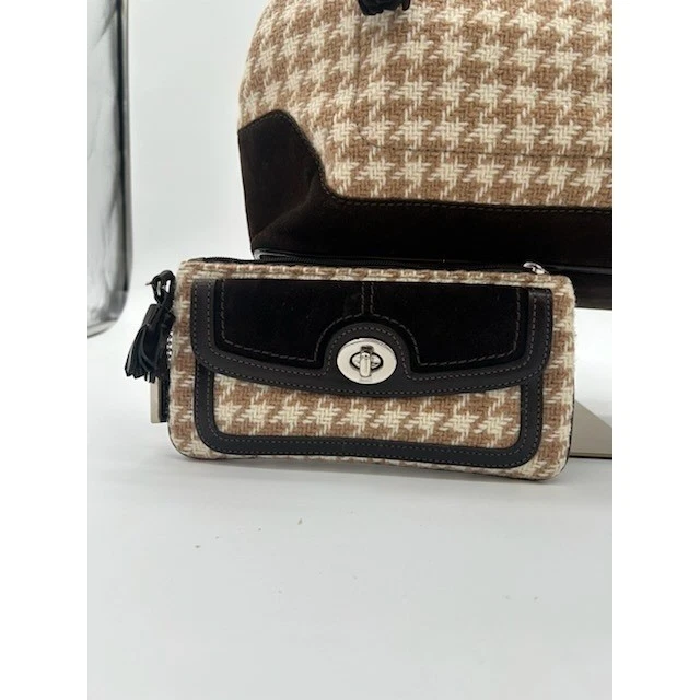 Y2K Coach Houndstooth Satchel Bag Purse 14X9X4.5 with Brown Leather Wristlet 8x4 - Image 4