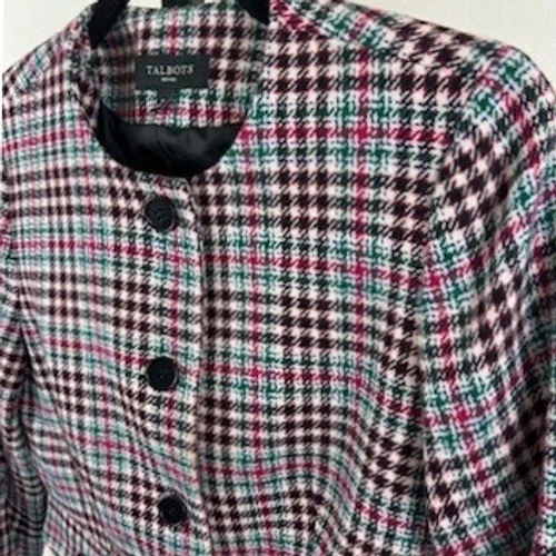 Talbots Blazer Women's Size 8P Petite Plaid Collarless Pink Green Houndstooth - Image 3