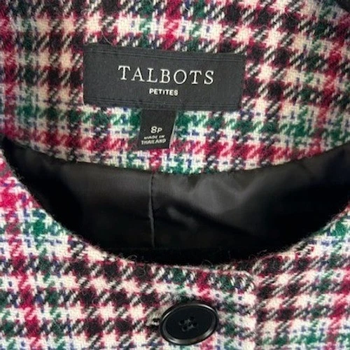 Talbots Blazer Women's Size 8P Petite Plaid Collarless Pink Green Houndstooth - Image 4