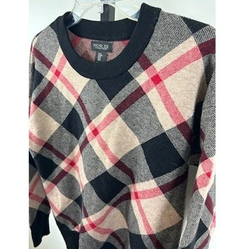 Rachel Zoe Plaid Crewneck Sweater Women's Size Medium Plaid Long Sleeve Blk Red - Image 2