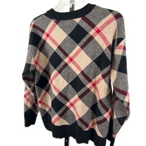 Rachel Zoe Plaid Crewneck Sweater Women's Size Medium Plaid Long Sleeve Blk Red - Image 3