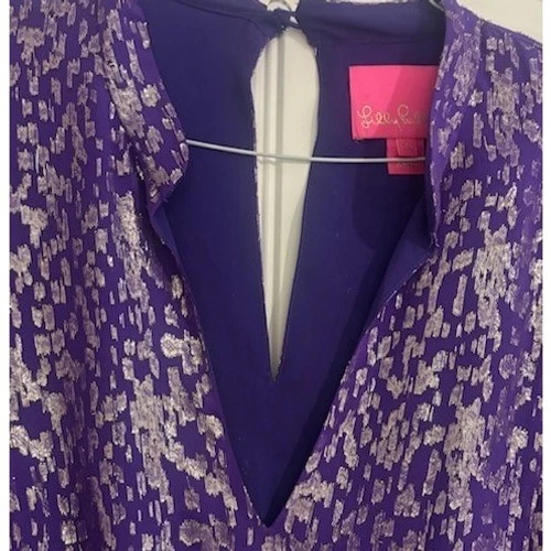 Lilly Pulitzer Purple Silk Gold Metallic Leopard Tiered Dress Holiday Size 12 - Image 5