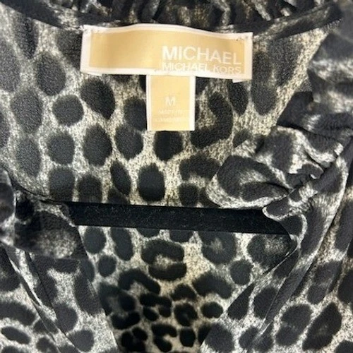 Michael Kors Blouse Womens Size Medium Leopard Print Ruffle Neck Bell Sleeve Top - Image 4