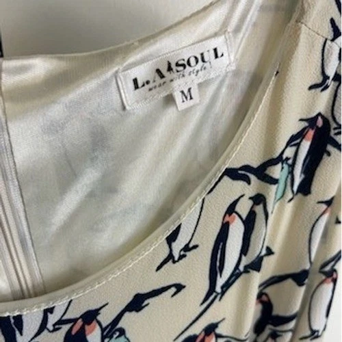 L.A. Soul Penguin Dress Women's Size Medium Beige Print Sleeveless Belted - Image 7