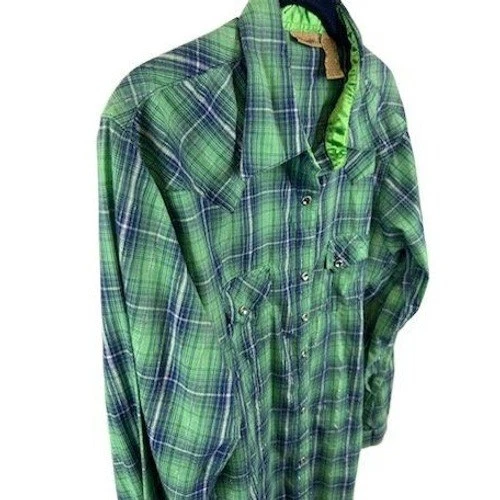 Wrangler Shirt Men's Size XL Green Blue Plaid Western Pearl Snap Long Sleeve - Image 2
