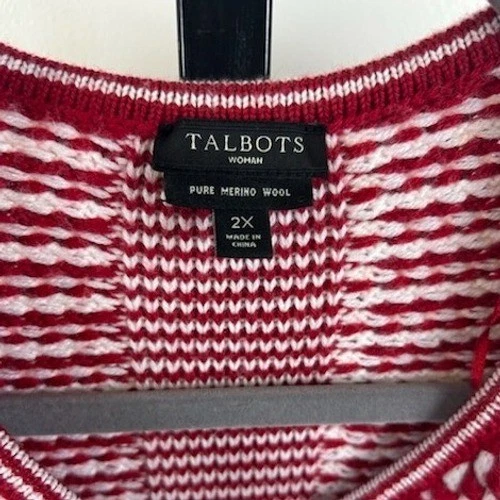 Talbots Sweater Women's Size 2X Red White Geometric Pure Merino Wool Cardigan - Image 5