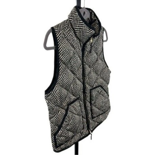 J.Crew Down Puffer Vest Women's Size Small Black Cream Herringbone Full Zip - Image 2