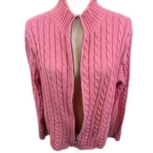 L.L.Bean Sweater Women's Size XL Pink Cable Knit Full Zip 100% Cotton Cardigan - Image 6