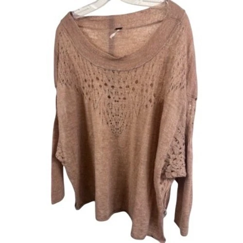 Free People Women's Size Large Taupe Oversized Sweater Lace Dolman Sleeve Top - Image 2