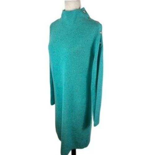Talbots Women's Blue Sweater Dress Long Sleeve Mock Neck Gold Button Size Large - Image 2