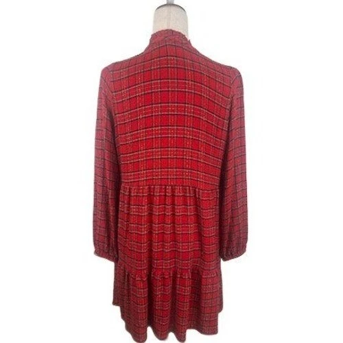 LOFT Red Gold Plaid Tiered Dress Ruffle Neck Long Sleeve Tartan Size Small - Image 3
