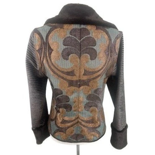 Khangura Y2K Black Jacket Tapestry Print Faux Fur Collar Cuffs Size Medium - Image 3