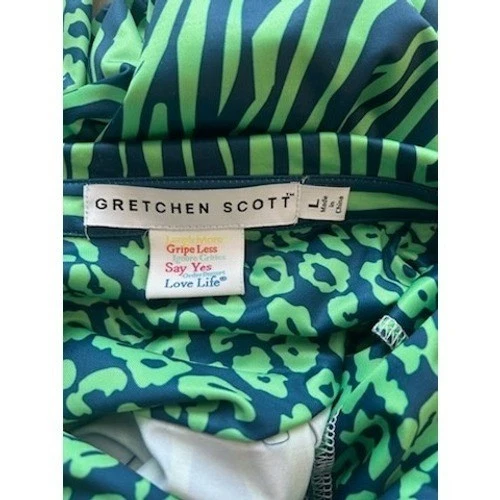 Gretchen Scott Dress Green Blue Animal Print 3/4 Sleeve Scuba Collar Size Large - Image 4