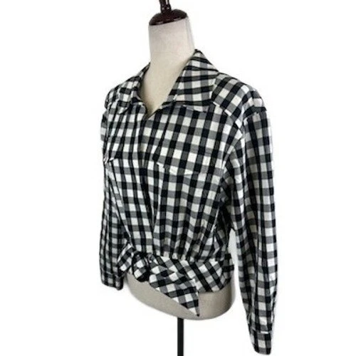 Milly Tie Front Button Shirt Black White Gingham Plaid Checkered Size Medium - Image 2
