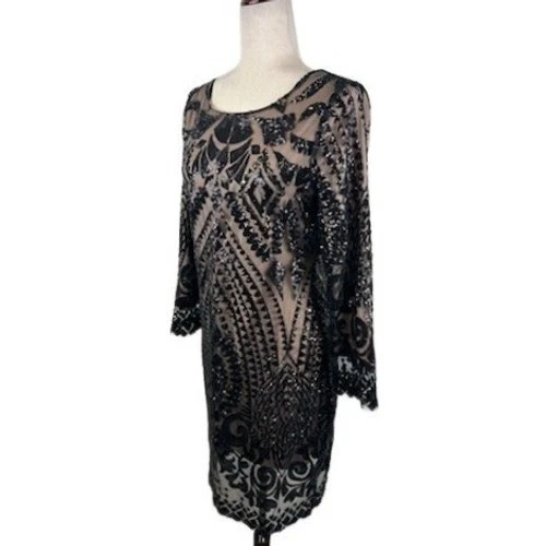 Gianni Bini Women's Black Nude Sequin Embellished Long Sleeve Dress Size Large - Image 2
