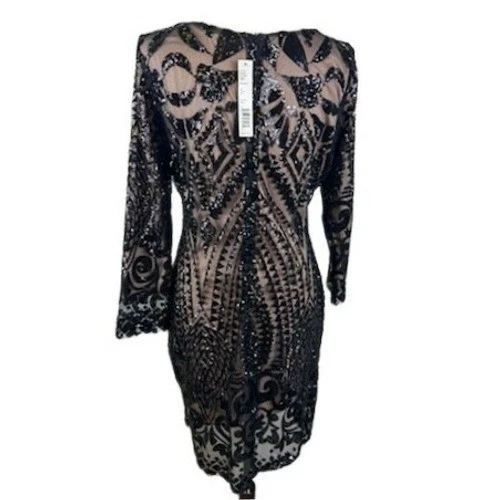 Gianni Bini Women's Black Nude Sequin Embellished Long Sleeve Dress Size Large - Image 3