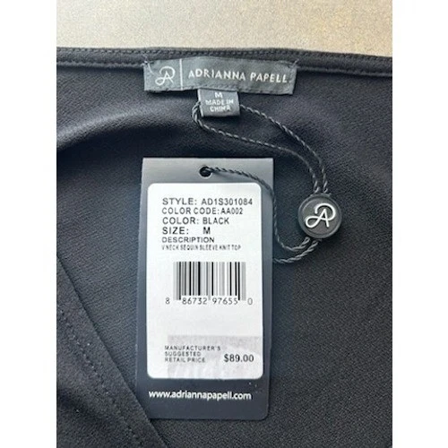 New Adrianna Papell Black V Neck Sequin Sleeve Knit Top Party Blouse Size Medium - Image 4