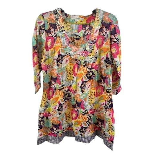 Boden Tunic Top Blouse Floral Print Colorful Beaded Neckline 3/4 Sleeve Size 8 - Image 2
