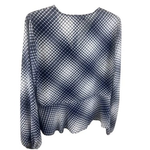 Michael Kors Navy White Plaid Blouse Top Long Sleeve Peplum Size Medium - Image 2