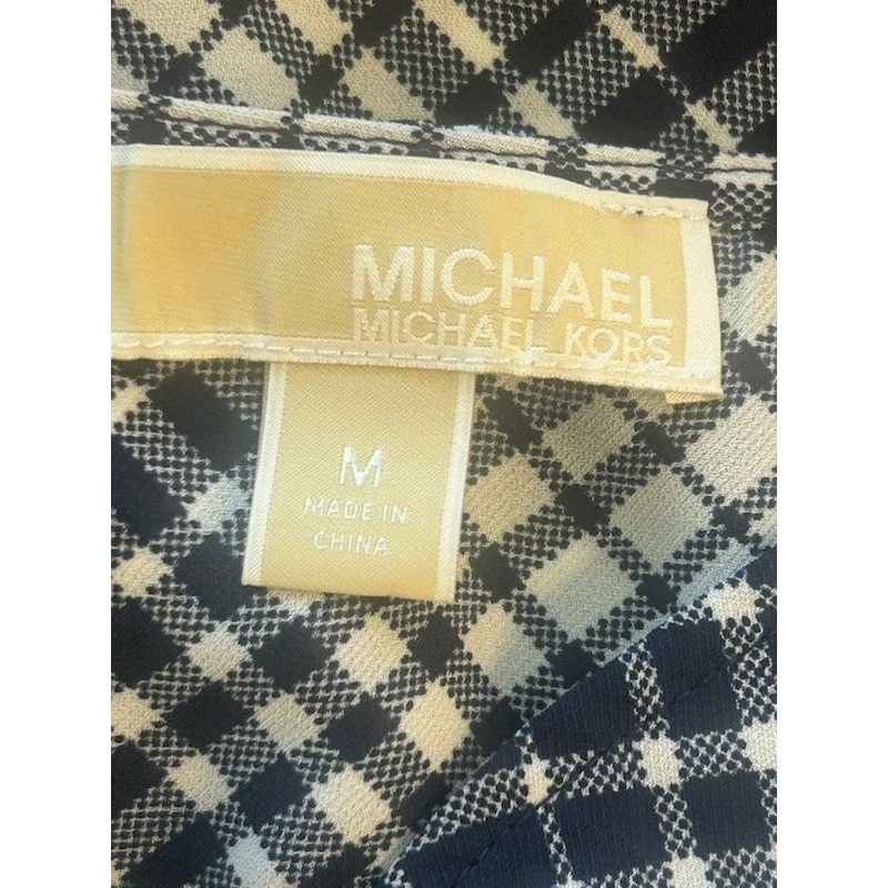 Michael Kors Navy White Plaid Blouse Top Long Sleeve Peplum Size Medium - Image 3