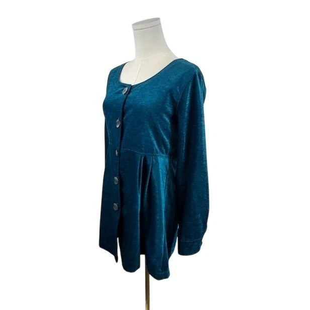 Soft Surroundings Velvet Tunic Top Button Front Long Sleeve Teal Size Medium - Image 2