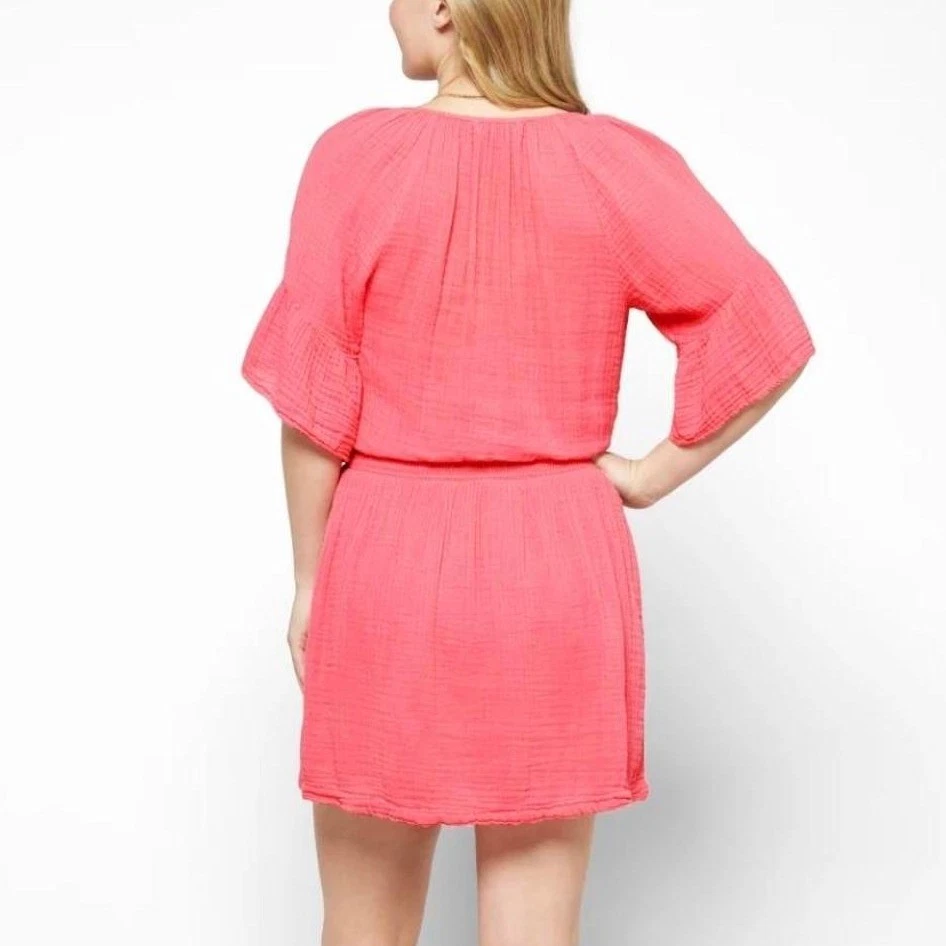 Michael Stars Gauze Tunic Dress V-Neck Bell Sleeve Coral Pink Pink Size Medium - Image 2