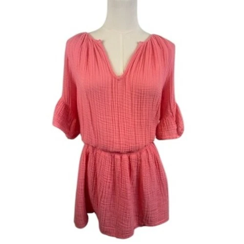 Michael Stars Gauze Tunic Dress V-Neck Bell Sleeve Coral Pink Pink Size Medium - Image 3