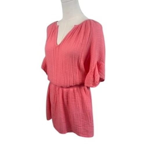 Michael Stars Gauze Tunic Dress V-Neck Bell Sleeve Coral Pink Pink Size Medium - Image 4