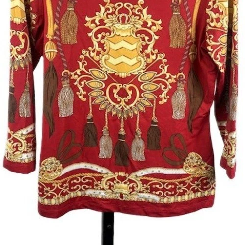 J.McLaughlin Red Gold Baroque Tassel Print Holiday Top Blouse Women's Size Small - Image 2