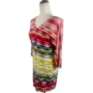 Trina Turk Dress Multicolor Wavy Stripe Print V-Neck 3/4 Sleeve Size 0 - Image 2