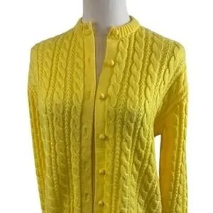 Vintage Susan Bristol Cardigan Sweater Yellow Cable Knit 80s Wool Blend Size XL - Image 2