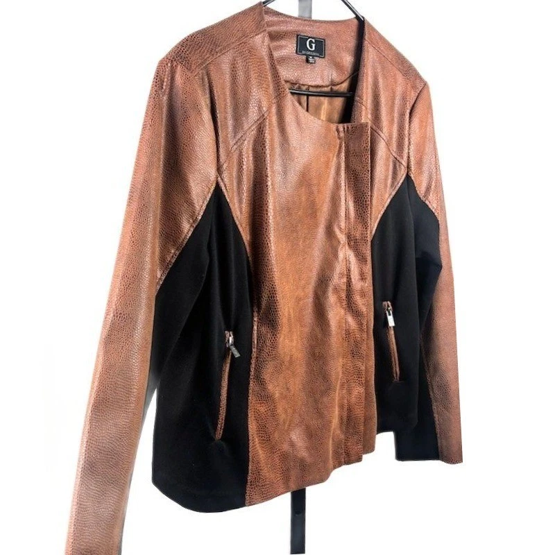 G by Giuliana Women's Size 1X Brown Black Faux Leather Light Moto Jacket Coat - Image 3