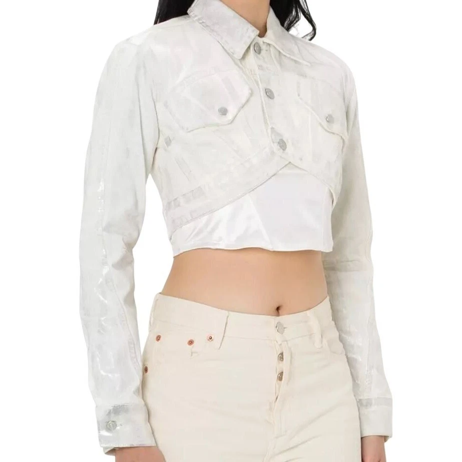 ZARA Women's Size XS White Silver Metallic Cropped Long Sleeve Denim Jean Jacket