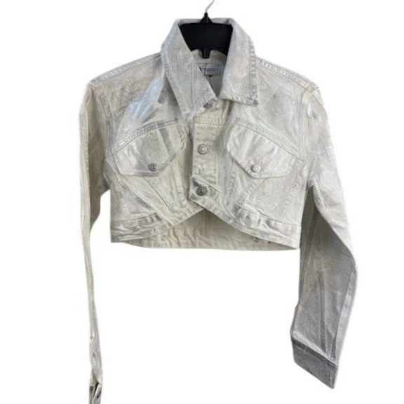 ZARA Women's Size XS White Silver Metallic Cropped Long Sleeve Denim Jean Jacket - Image 2