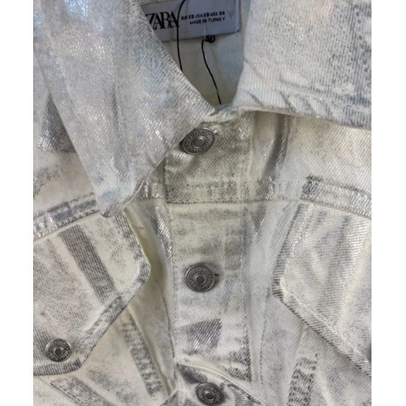 ZARA Women's Size XS White Silver Metallic Cropped Long Sleeve Denim Jean Jacket - Image 6