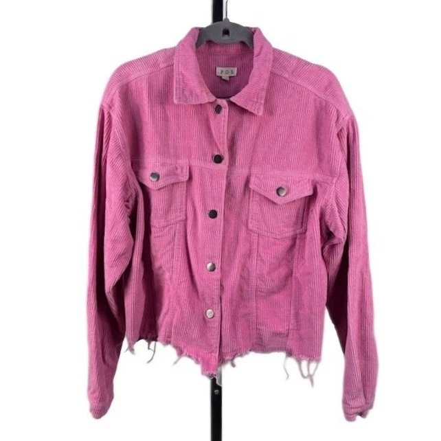 POL Anthropologie Women's Medium Pink Corduroy Cropped Jacket Raw Hem Distressed