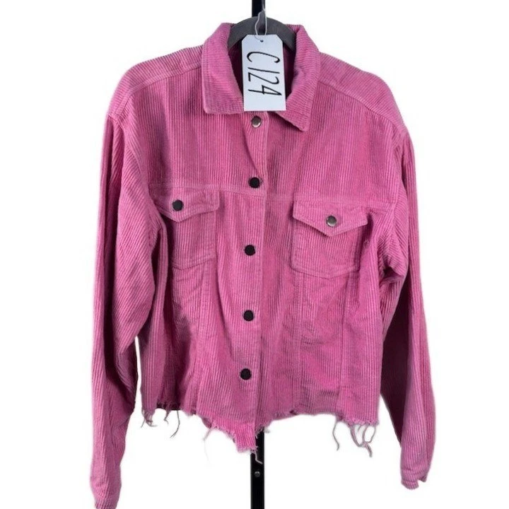 POL Anthropologie Women's Medium Pink Corduroy Cropped Jacket Raw Hem Distressed - Image 5