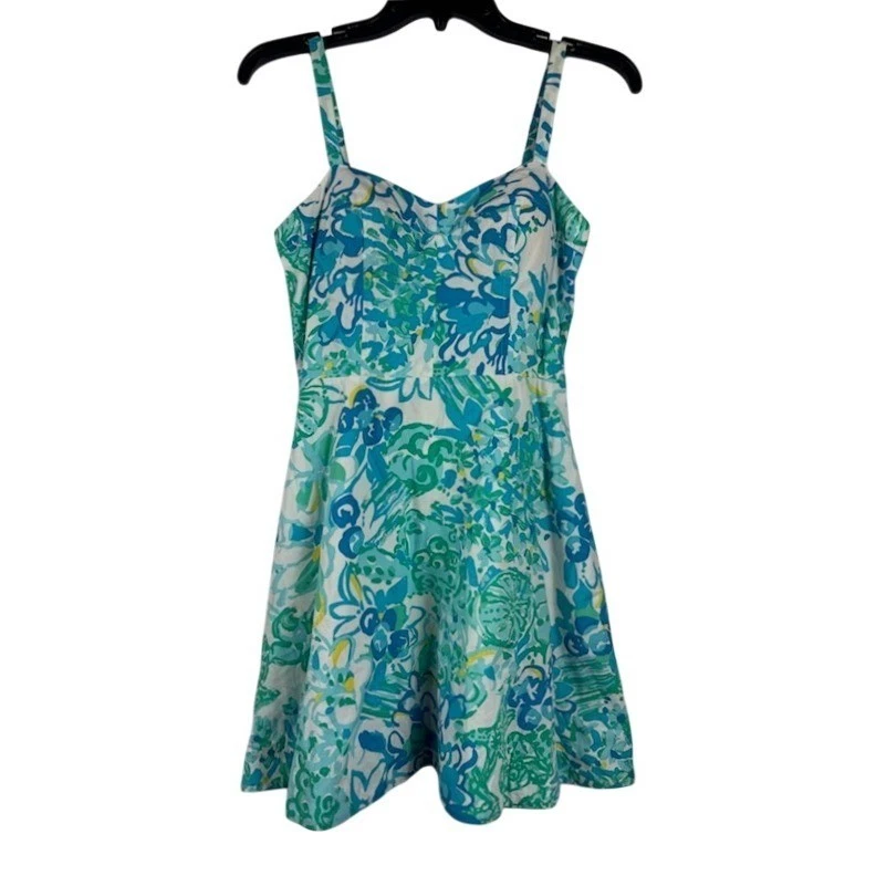 Lilly Pulitzer Dress Women's Size 2 Blue Green Floral Fit Flare Strappy