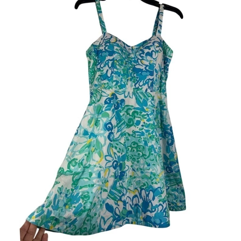 Lilly Pulitzer Dress Women's Size 2 Blue Green Floral Fit Flare Strappy - Image 3