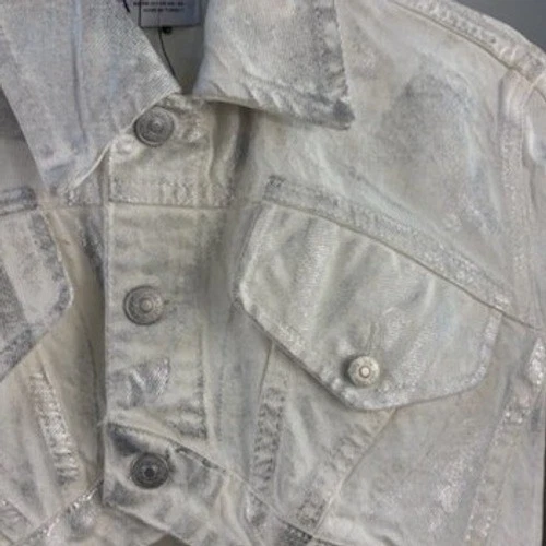 ZARA Women's Size XS White Silver Metallic Cropped Long Sleeve Denim Jean Jacket - Image 5