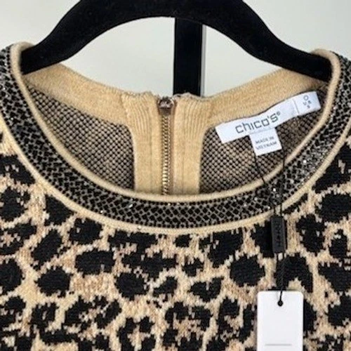Chico's 0 Sweater Women's Size Small Leopard Animal Print Beaded Neck Zip Knit - Image 4