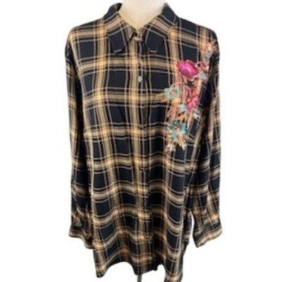 IMAN Plaid Button Down Shirt Embroidered Floral Long Sleeve Blouse Size 1X - Image 2