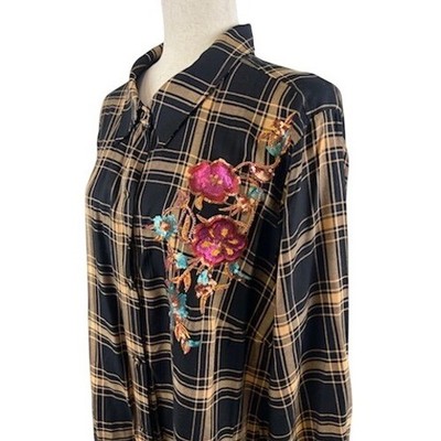 IMAN Plaid Button Down Shirt Embroidered Floral Long Sleeve Blouse Size 1X - Image 3