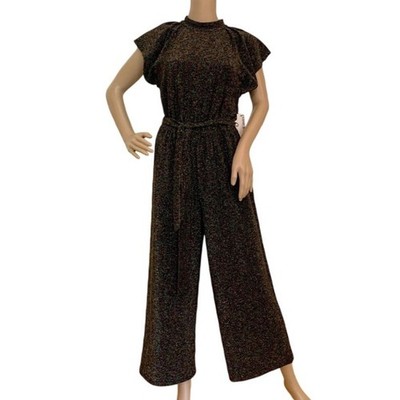 Nine West Jumpsuit Black Sparkle Metallic Flutter Sleeve Belted Size Medium - Image 2
