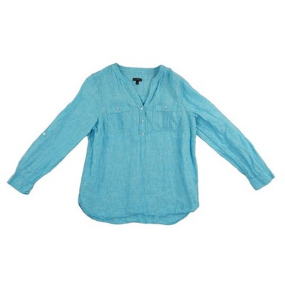 Talbots Tunic Top Women's Size Medium Blue Linen Roll Tab Sleeve Henley - Image 2
