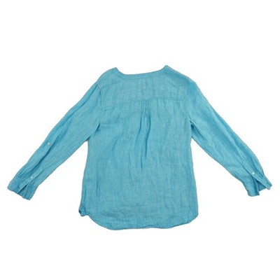Talbots Tunic Top Women's Size Medium Blue Linen Roll Tab Sleeve Henley - Image 3