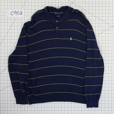 Polo Golf Ralph Lauren Sweater Men Size XL Navy Yellow Striped 100% Cotton Knit - Image 7