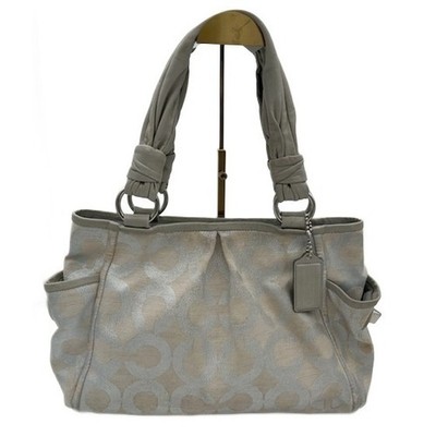 Coach Signature Silver Metallic Beige Leather Canvas Satchel Tote Bag Purse Y2K - Image 2