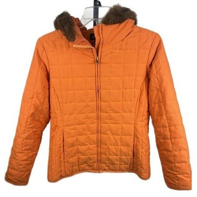 Jones New York Signature Quilted Puffer Jacket Fur Hood Orange Size Medium Y2K