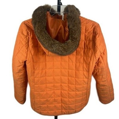 Jones New York Signature Quilted Puffer Jacket Fur Hood Orange Size Medium Y2K - Image 2